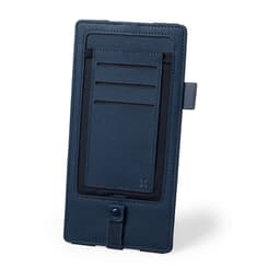 A navy blue phone wallet case featuring card slots and a button closure. It has a textured fabric design.
