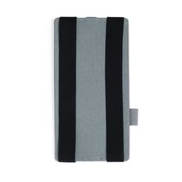 A wireless charger in grey fabric design, featuring black elastic straps and a side pull tab.