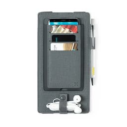 A grey phone wallet with a smartphone, card holder, pen, and earbuds included.