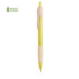 A yellow pen with a beige clip and grip, featuring a branding logo.