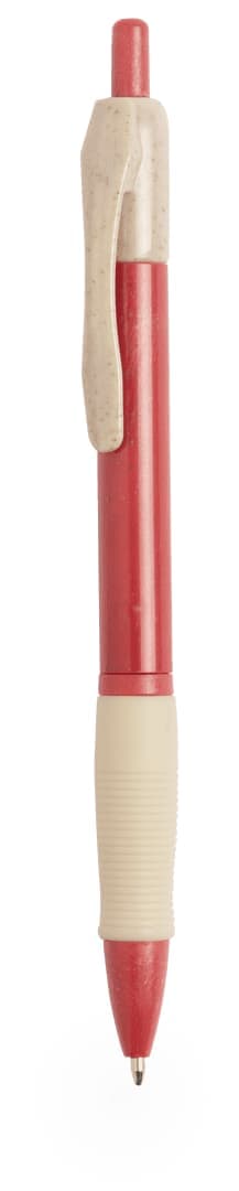 A red pen with a beige grip and clip, featuring a standard design and a branding logo.