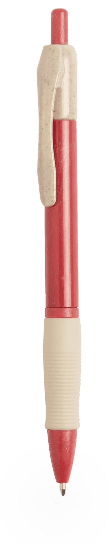 A red pen with a beige grip and a clip, featuring a smooth writing tip. The pen includes a logo.