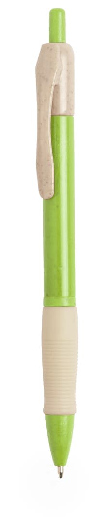 A green pen with a beige grip and clip, featuring a smooth writing tip. It has a simple design and a branding logo.