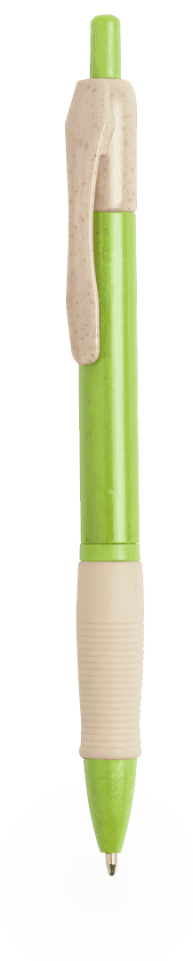 A green pen with a light-coloured grip and a clip at the top. It features a branding logo.