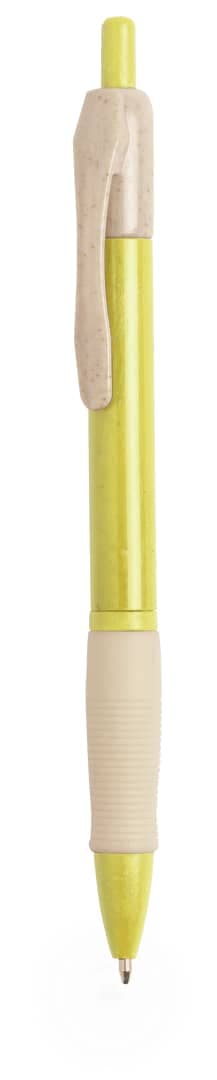 A yellow and cream pen with a grip and a clip, featuring a simple design and a branded logo.