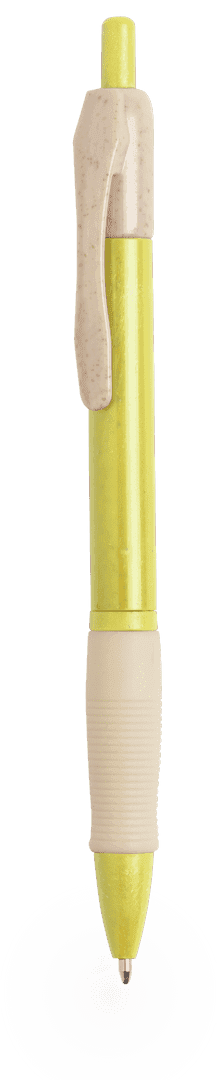 A vibrant yellow pen with a textured grip and a cap, featuring a logo on its body.