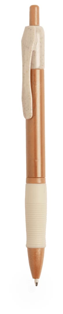 A promotional pen in brown and cream, featuring a rubber grip and a clip for easy attachment.