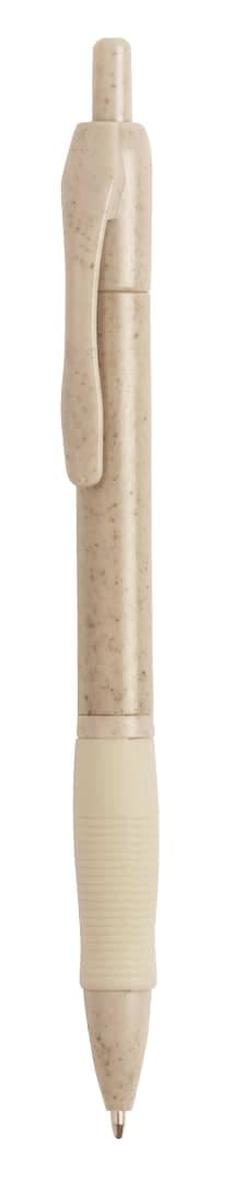 A cream-coloured pen with a textured grip and a clip, featuring a branding logo on the body.