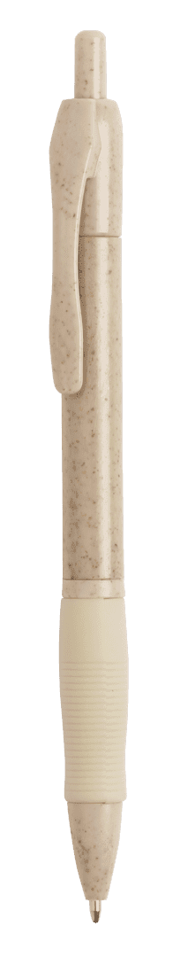 A beige pen with a textured grip and a clip, featuring a printed logo.