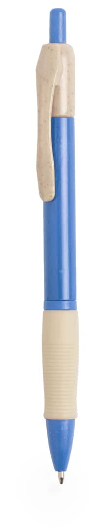 A blue pen with a beige grip and clip, featuring a simple design and branding on the barrel.