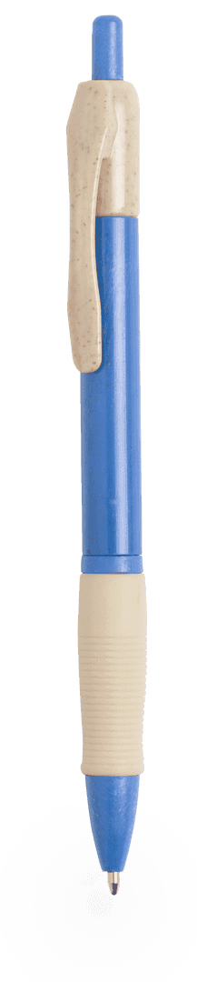 A blue pen with a beige grip and a clip at the top. The pen has a smooth tip for writing.