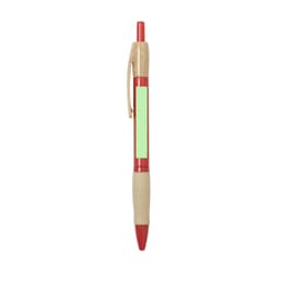 A red and beige pen with a textured grip and branding on the side.