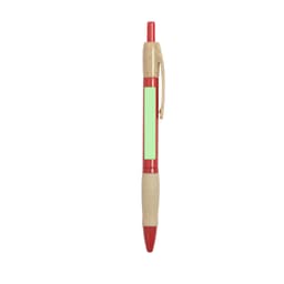 A red and beige pen with a textured grip and a clip, featuring a blank green area for customisation.