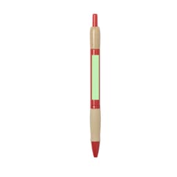 A red pen with a wooden top and a beige grip, featuring a blank green section on the barrel.