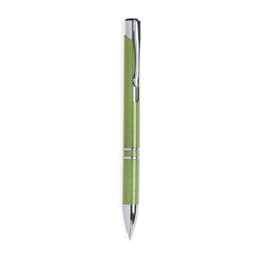 A green pen with a chrome clip and accents, featuring a sleek, modern design. Includes a branding logo.