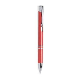 A red pen with chrome accents, featuring a sleek design and a clip for easy attachment.