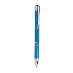 A blue pen with silver accents and a clip, featuring a glossy finish and sleek design.