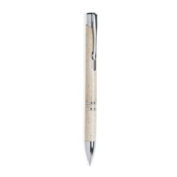 A sleek pen with a cream-coloured barrel and chrome accents, featuring a smooth clip and striped design.