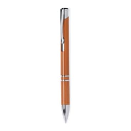 An orange pen with silver accents and a clip, featuring a sleek design and branding logo.