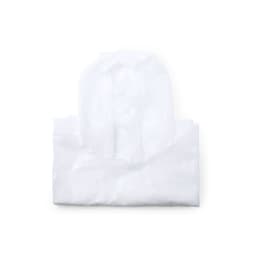A white poncho with a hood, neatly folded and featuring a branding logo.