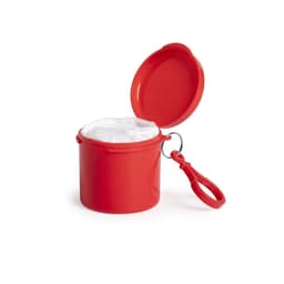 A red keyring container with a white interior and an attached clip, designed for carrying items.