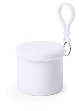 A white keyring container with a lid and a loop for attaching to bags or belts. It features a logo on the front.
