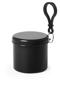 A black cylindrical container with a clip and lid, designed for carrying small items.