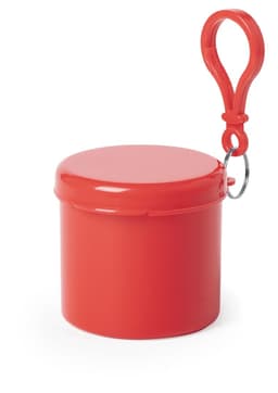A red keyring accessory with a rounded container and a loop for attachment. Features a simple, sleek design.