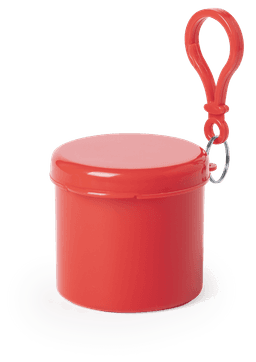 A red keyring holder featuring a round, cylindrical design with a clip for easy attachment.