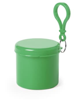 A green container with a lid and a loop for attachment, designed for carrying small items.