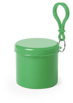 A green keyring poncho in a round container, featuring a clip for easy attachment.