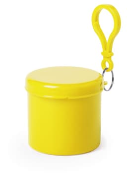 A yellow keyring container with a lid, featuring a loop for easy attachment.