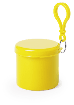 A yellow container with a lid and a hook for attaching, designed for practical storage or carrying.