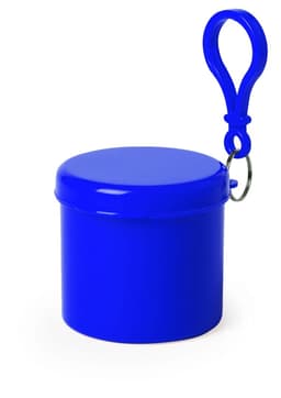 A blue keyring container with a round lid and a loop for attachment. Features a logo on the front.