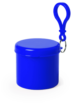 A bright blue keyring container with a rounded lid and a loop for attaching. It features a simple design and has a logo.