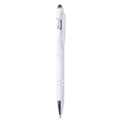 A white ballpoint pen with a silver clip and a stylus tip, featuring a logo on the barrel.