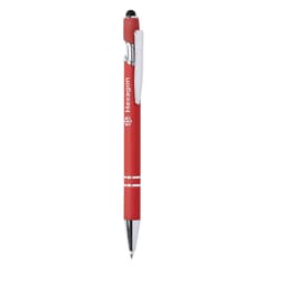 A red ballpoint pen with a silver clip and a stylus tip. It features a branding logo.
