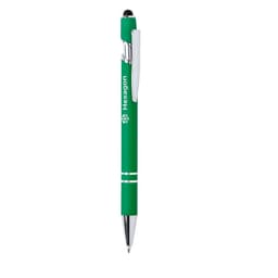 A green Lekor ballpoint pen with a stylus tip and a silver clip, featuring a logo.