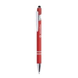 A red ballpoint pen with a stylus tip and chrome accents, featuring a branding logo.