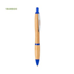 A wooden pen with a bamboo finish and blue accents. It features a clip and a logo at the top.