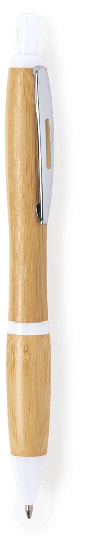 A wooden pen in a natural bamboo finish with white accents and a silver clip. It has a logo on the barrel.