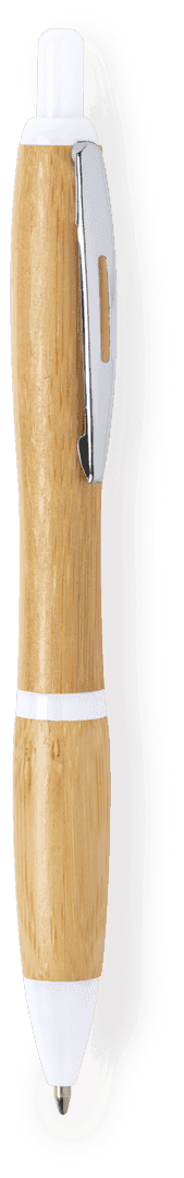 A wooden pen with a natural bamboo finish and white accents, featuring a clip and a brand logo.