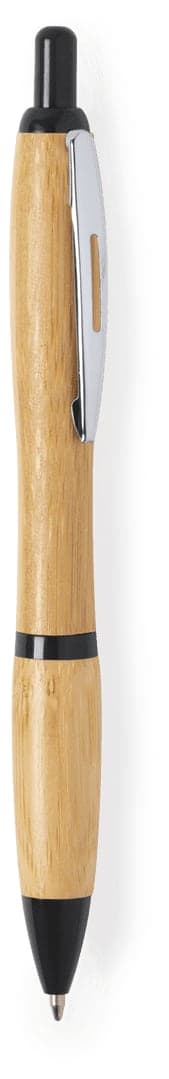 A wooden pen with a natural bamboo finish, featuring black accents and a chrome clip.