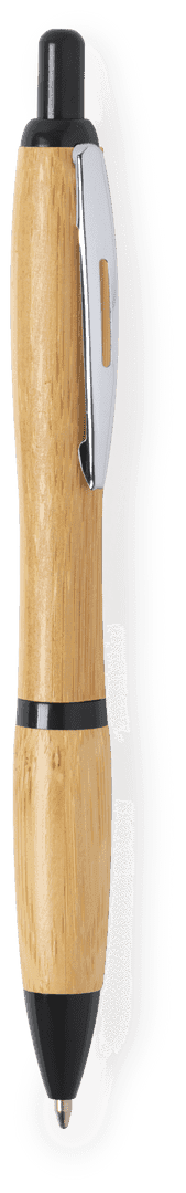 A wooden pen with a natural finish and black accents, featuring a clip and a branding logo.