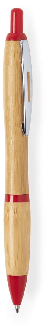 A wooden pen with a bamboo finish and red accents, featuring a silver clip.