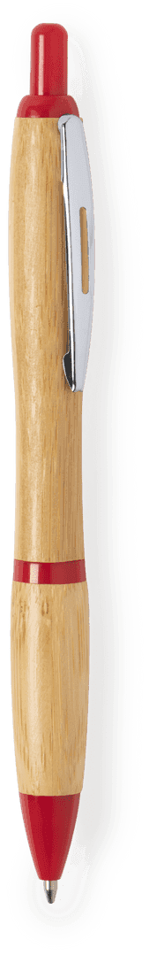 A wooden pen featuring a natural wooden barrel with red accents and a silver clip. It has a branding logo on it.