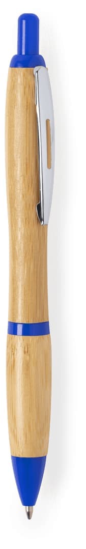 A wooden pen featuring a natural finish with blue accents and a silver clip, including a logo on the body.