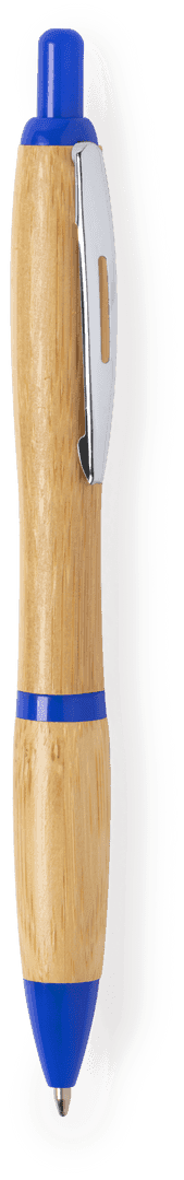 A wooden pen with a natural bamboo finish and blue accents, featuring a smooth clip and a logo.