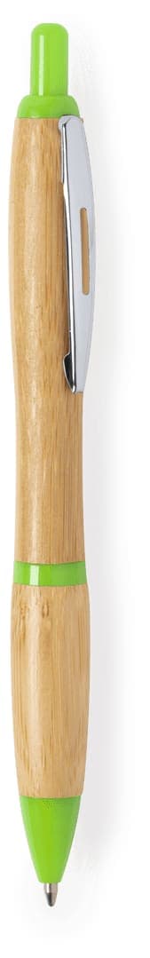 A wooden pen with a light brown barrel and vibrant green accents, featuring a chrome clip and a logo.