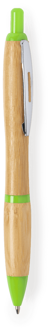 A wooden pen with a natural finish and vibrant green accents, featuring a clip and a branding logo.